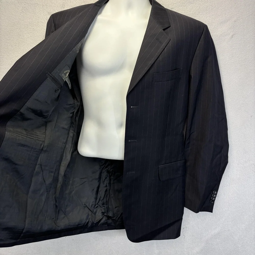 Vintage Gianni Manzoni‎ Italy 140s Wool Pinstripe Suit Jacket Mens 42L Black EUC